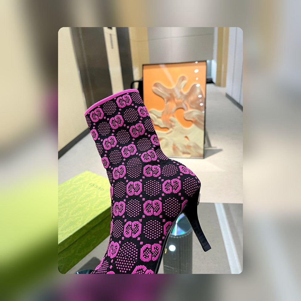GG GG 75MM KNIT ANKLE BOOTS BLACK FLUORESCENT PINK FABRIC 718378 FAAQP 8610