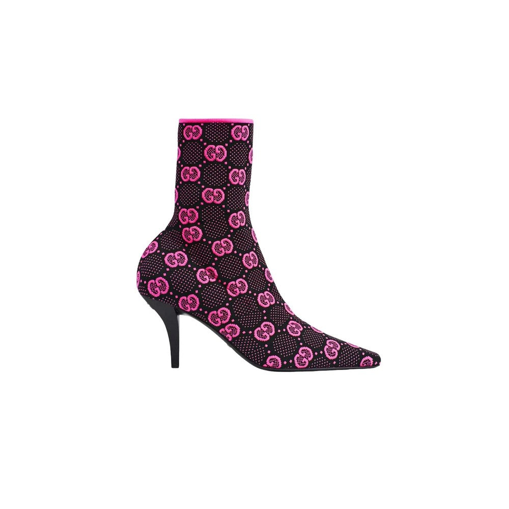 GG GG 75MM KNIT ANKLE BOOTS BLACK FLUORESCENT PINK FABRIC 718378 FAAQP 8610