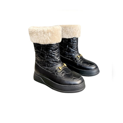 GG 1955 HORSEBIT SNOW BOOTS JACQUARD FABRIC BLACK LEATHER