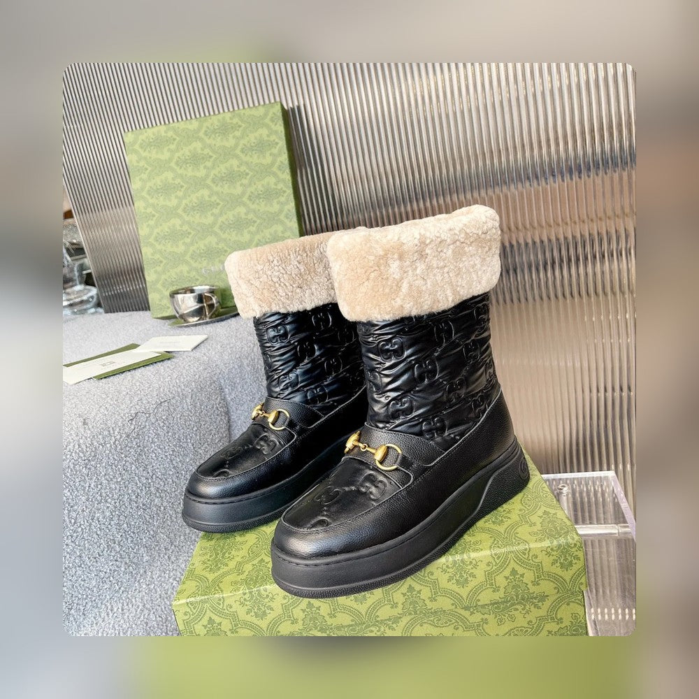 Vbs 1955 HORSEBIT SNOW BOOTS JACQUARD FABRIC BLACK LEATHER