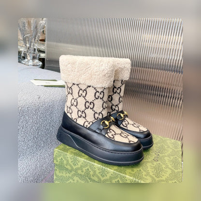 Vbs 1955 HORSEBIT SNOW BOOTS LEATHER AND SHEARLING IN BLACK BEIGE