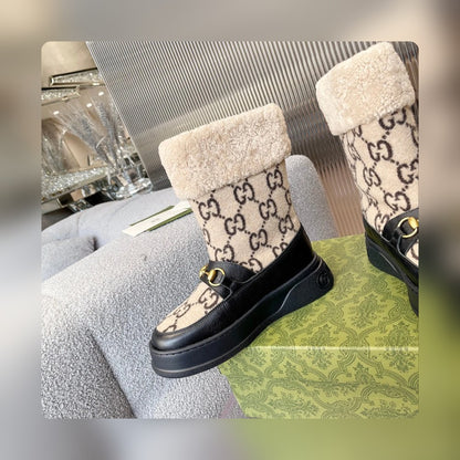 Vbs 1955 HORSEBIT SNOW BOOTS LEATHER AND SHEARLING IN BLACK BEIGE