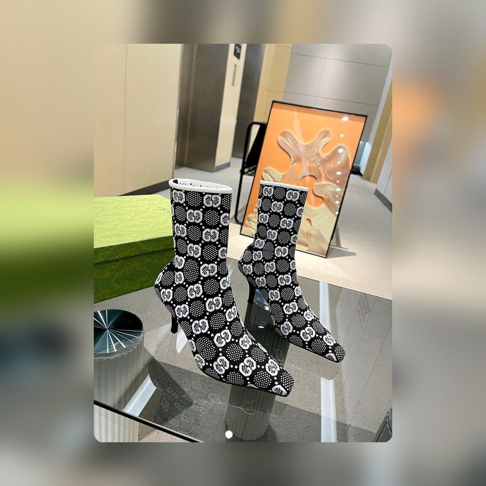 GG GG 75MM KNIT ANKLE BOOTS BLACK WHITE FABRIC 718378 FAAQP 1008