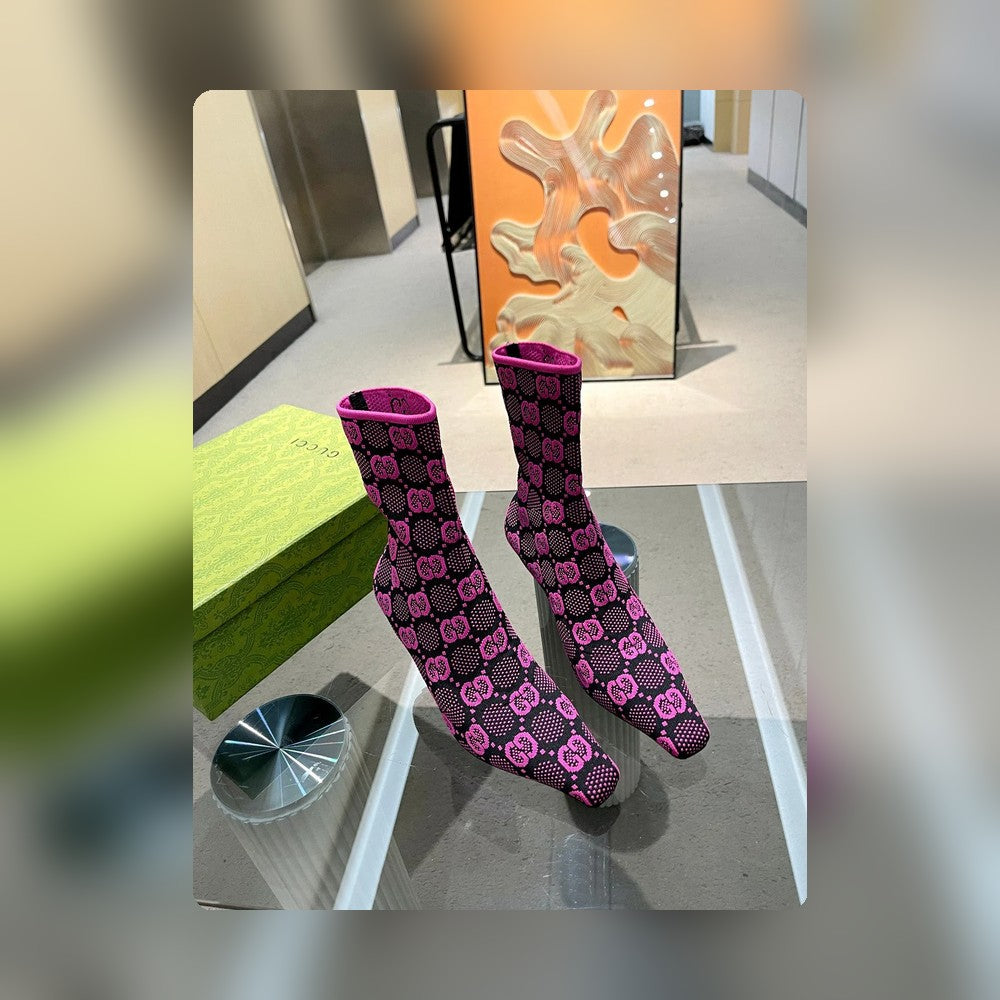 GG GG 75MM KNIT ANKLE BOOTS BLACK FLUORESCENT PINK FABRIC 718378 FAAQP 8610