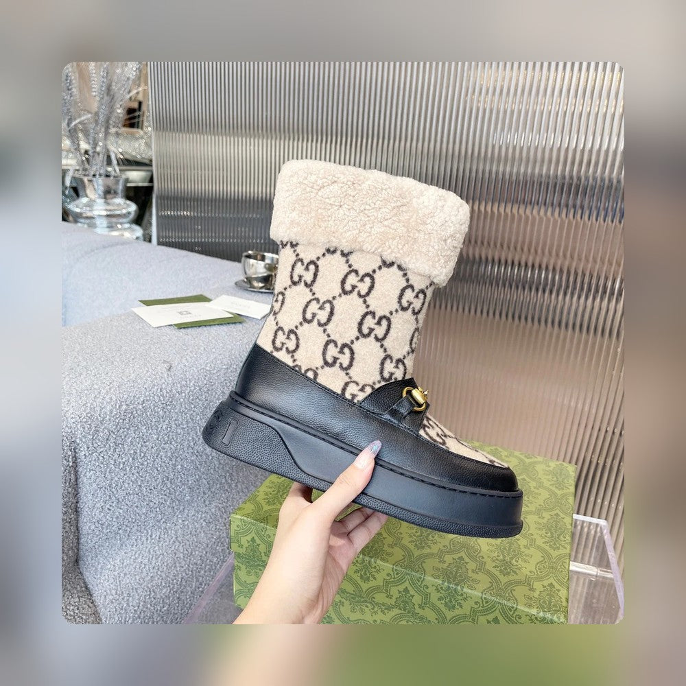 Vbs 1955 HORSEBIT SNOW BOOTS LEATHER AND SHEARLING IN BLACK BEIGE
