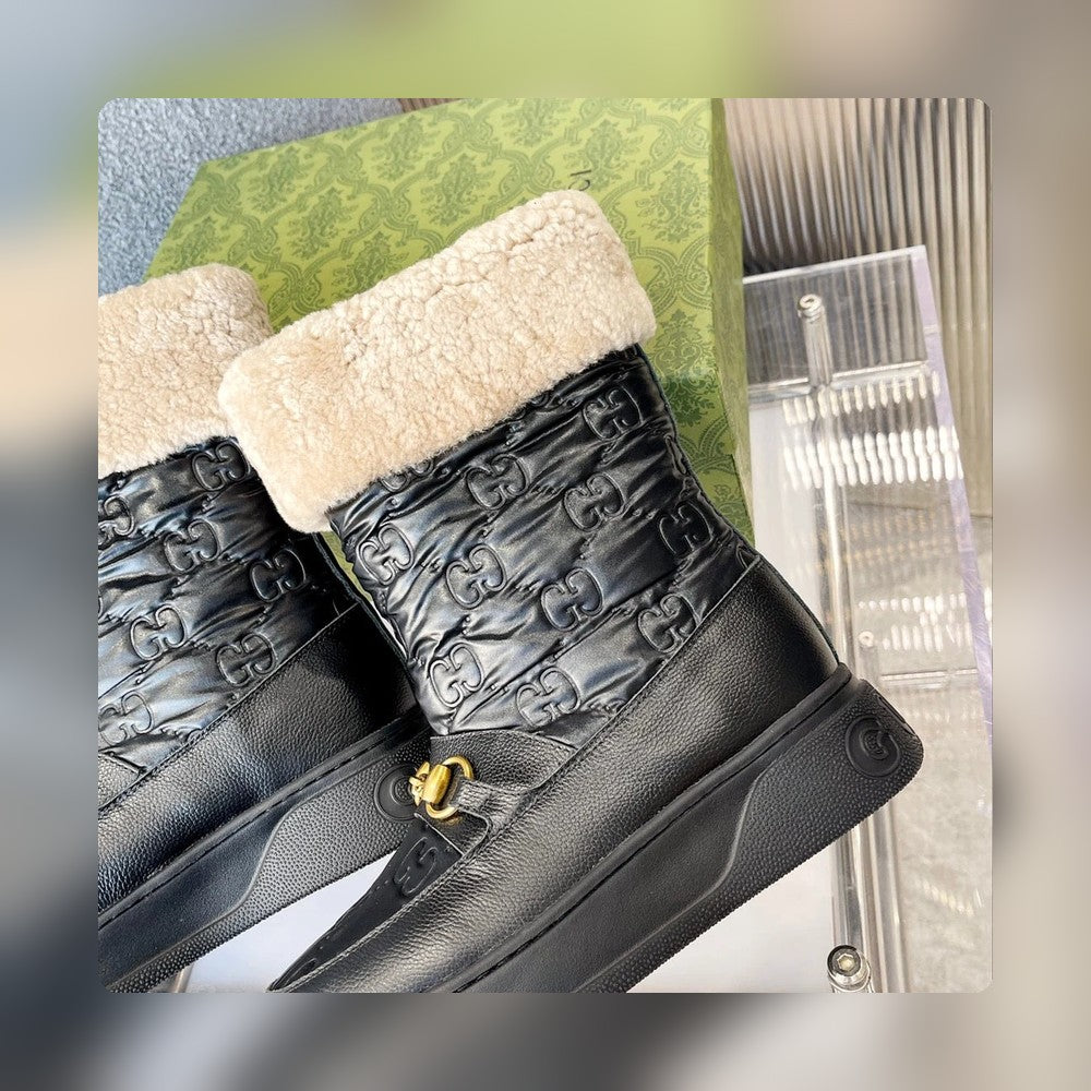 GG 1955 HORSEBIT SNOW BOOTS JACQUARD FABRIC BLACK LEATHER