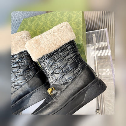 GG 1955 HORSEBIT SNOW BOOTS JACQUARD FABRIC BLACK LEATHER