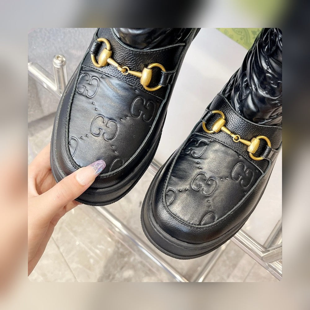 GG 1955 HORSEBIT SNOW BOOTS JACQUARD FABRIC BLACK LEATHER