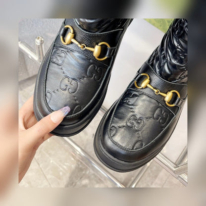 GG 1955 HORSEBIT SNOW BOOTS JACQUARD FABRIC BLACK LEATHER