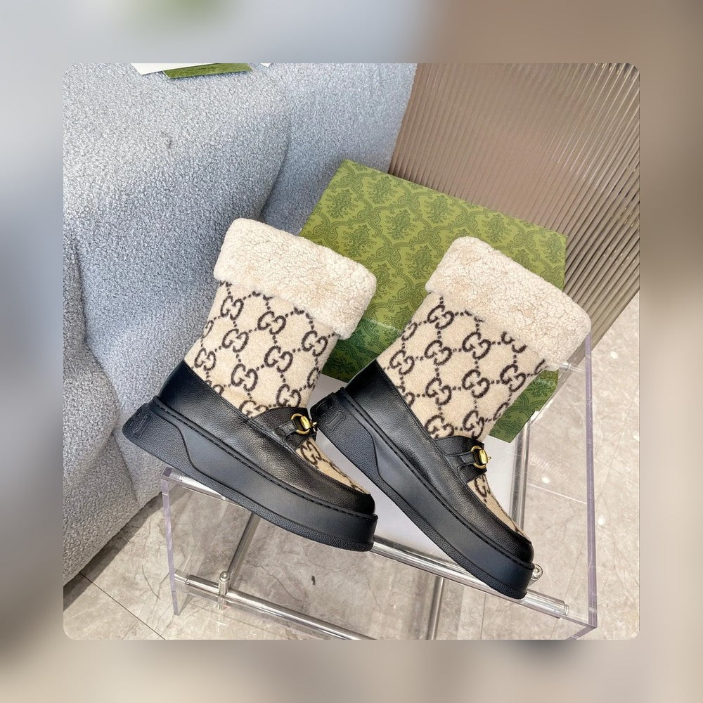 Vbs 1955 HORSEBIT SNOW BOOTS LEATHER AND SHEARLING IN BLACK BEIGE