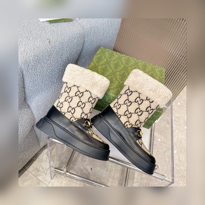 Vbs 1955 HORSEBIT SNOW BOOTS LEATHER AND SHEARLING IN BLACK BEIGE