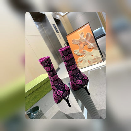 GG GG 75MM KNIT ANKLE BOOTS BLACK FLUORESCENT PINK FABRIC 718378 FAAQP 8610