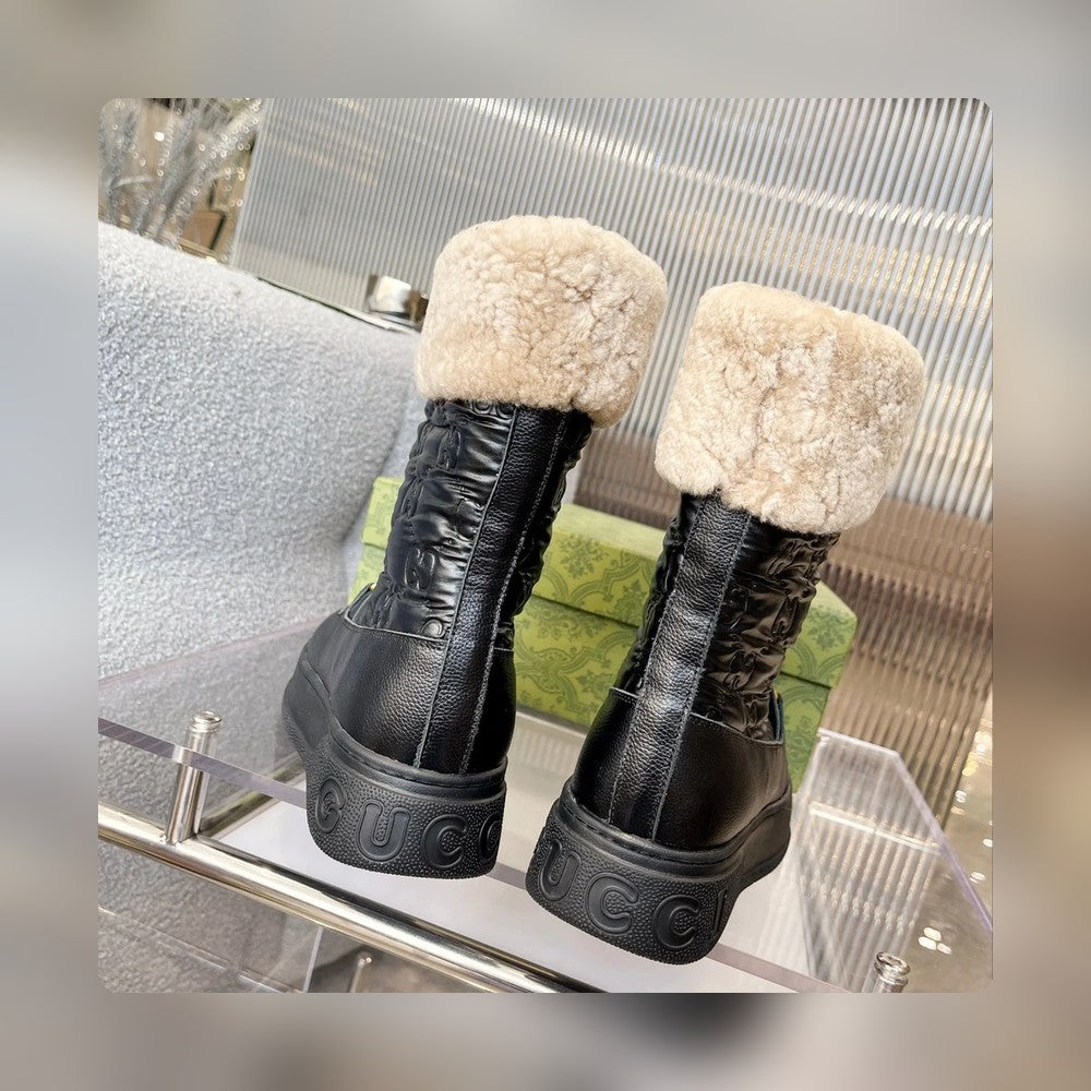 Vbs 1955 HORSEBIT SNOW BOOTS JACQUARD FABRIC BLACK LEATHER