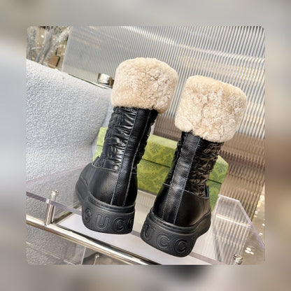 Vbs 1955 HORSEBIT SNOW BOOTS JACQUARD FABRIC BLACK LEATHER