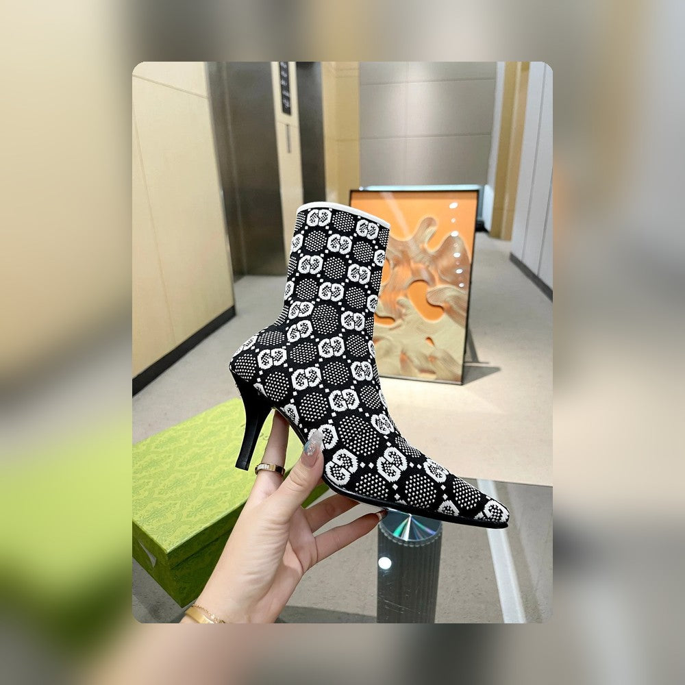 GG GG 75MM KNIT ANKLE BOOTS BLACK WHITE FABRIC 718378 FAAQP 1008