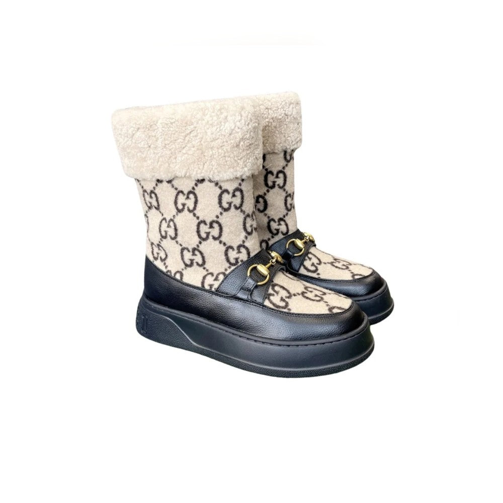 Vbs 1955 HORSEBIT SNOW BOOTS LEATHER AND SHEARLING IN BLACK BEIGE