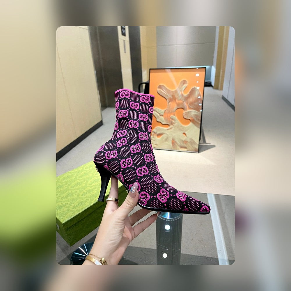 GG GG 75MM KNIT ANKLE BOOTS BLACK FLUORESCENT PINK FABRIC 718378 FAAQP 8610