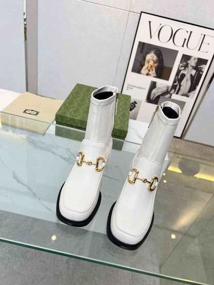 GG HORSEBIT PLAQUE ANKLE BOOTS OFF WHITE